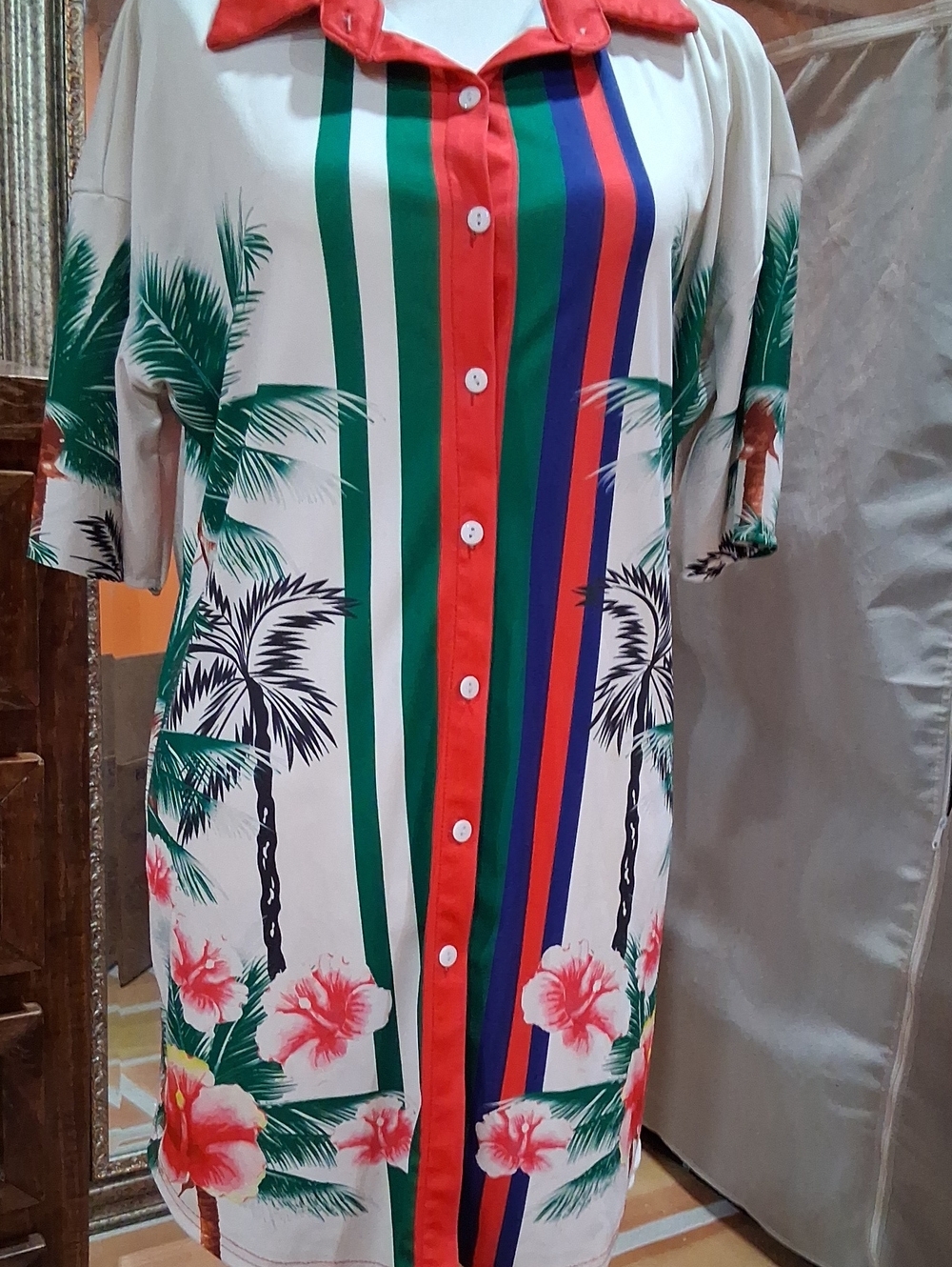 Tropical Button-Front Mini Dress in Cream with Red & Green Accents